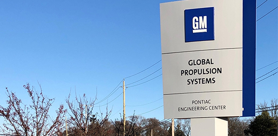 View of the outside sign at the GM Powered Solutions Facilities