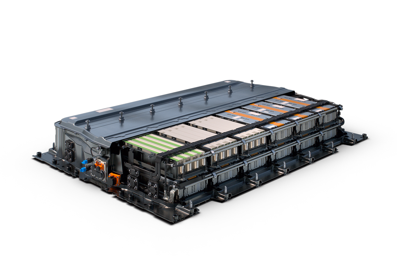 Detailed View of an EV Battery Pack Assembly with Exposed Modules and Protective Housing