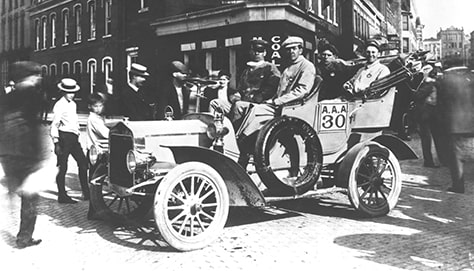 An Old Black and White Three Quarters Image of a GM Car