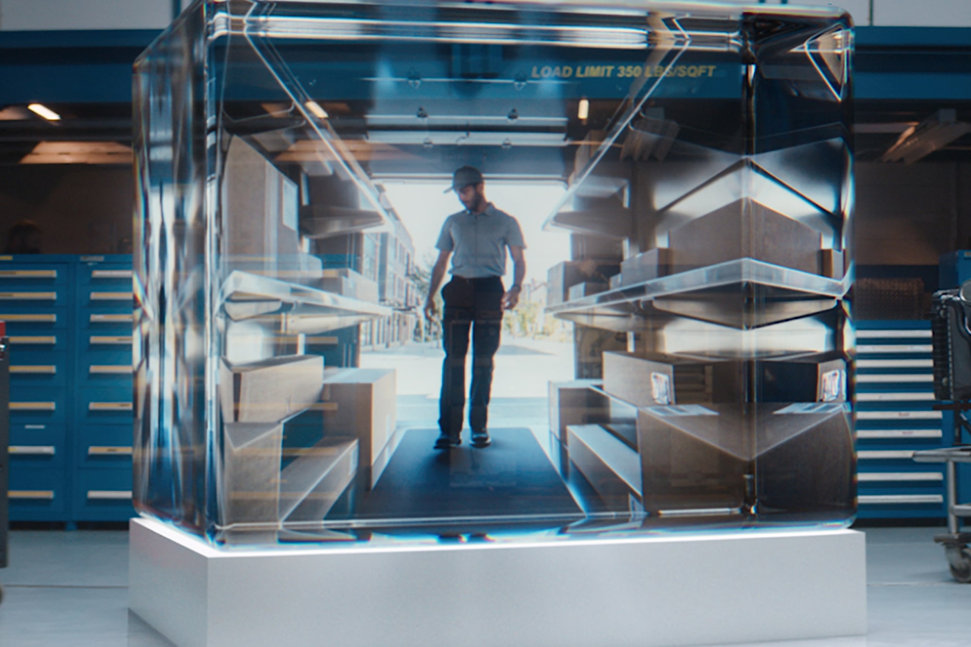A Person Surfing on Water Projected Encased on a See-through Box