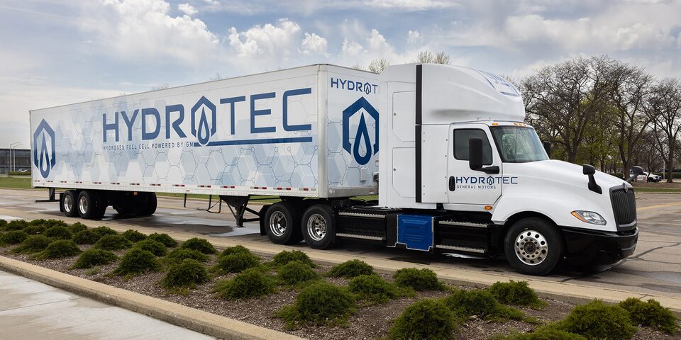 Side View of a Semi-Truck with "HYDROTEC" Written on the Side in Stylized Letters