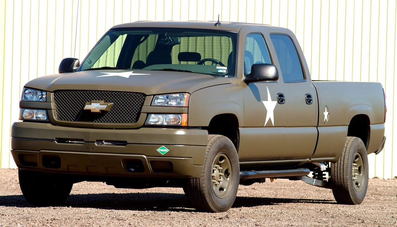 An Army Green 2005 Chevy Silverado Fuel Cell Truck