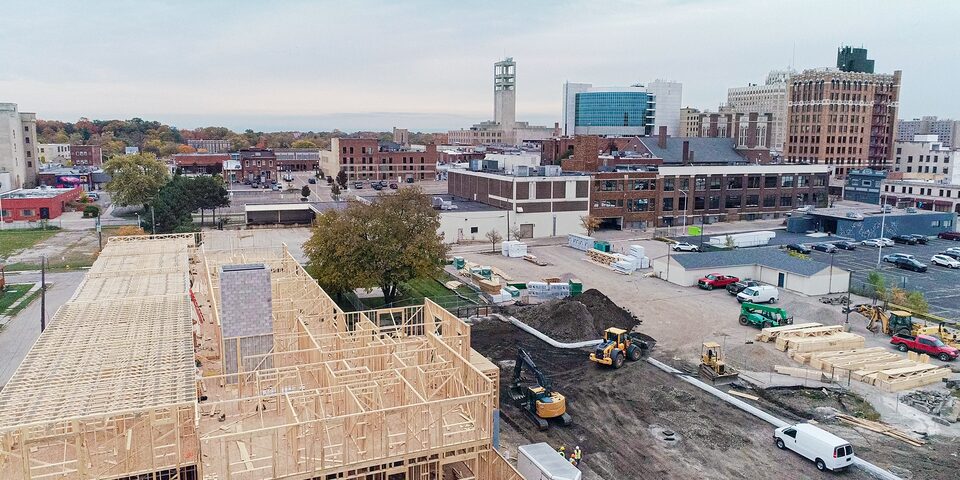 Overhead View of a Construction Site Located in an Urban Area