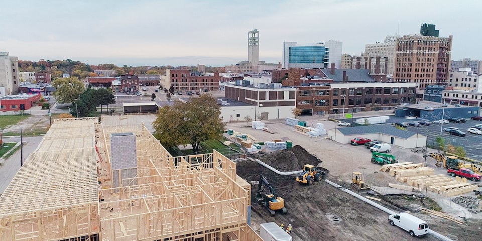 Overhead View of a Construction Site Located in an Urban Area